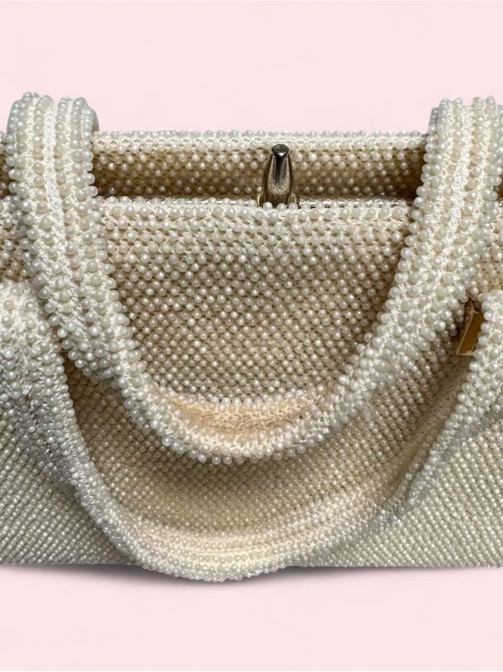 Vintage Cream Beaded Satchel with Top Handles